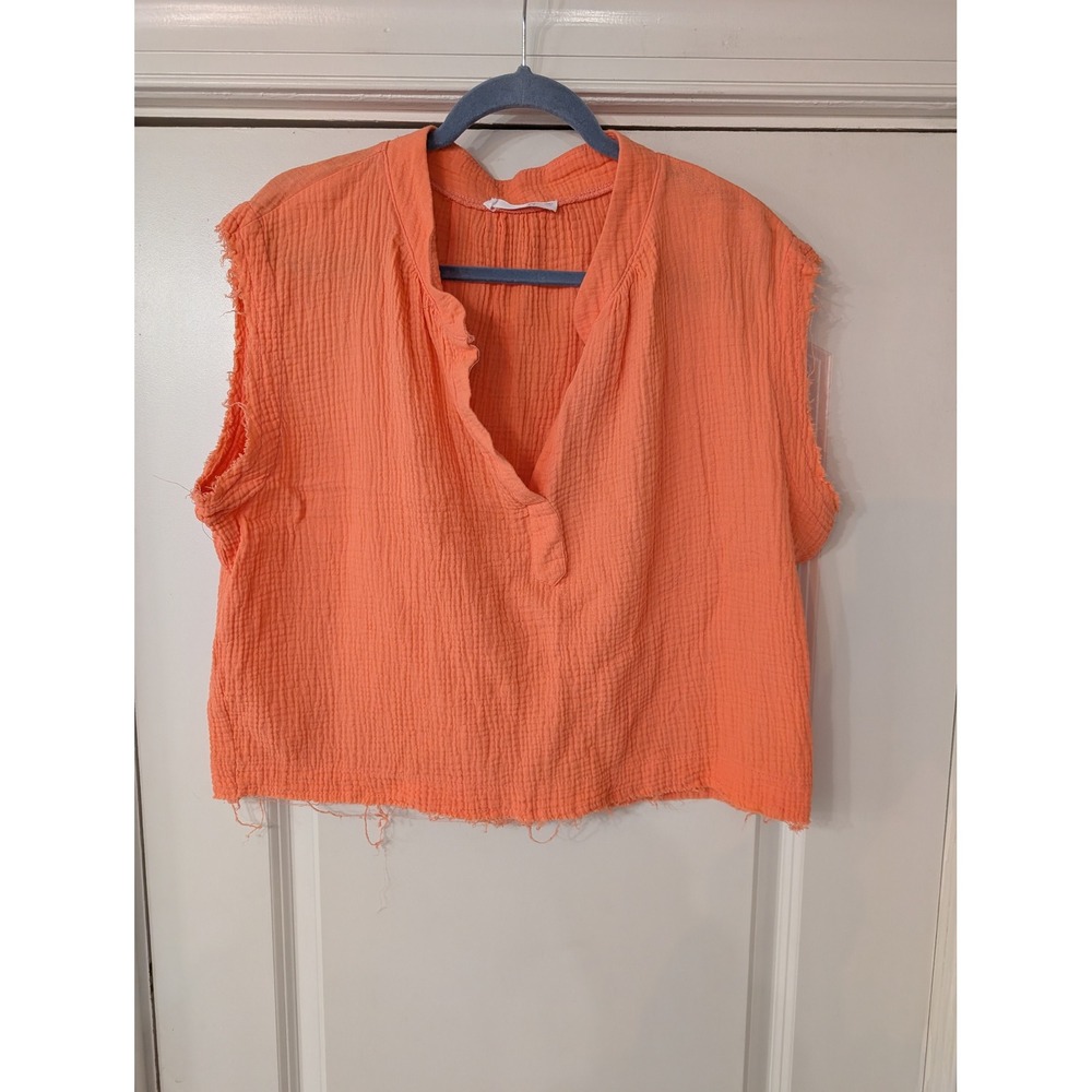SIX/FIFTY Womens Coral Double Gauze Cotton Raw‎ Hem V-Neck Top boxy medium